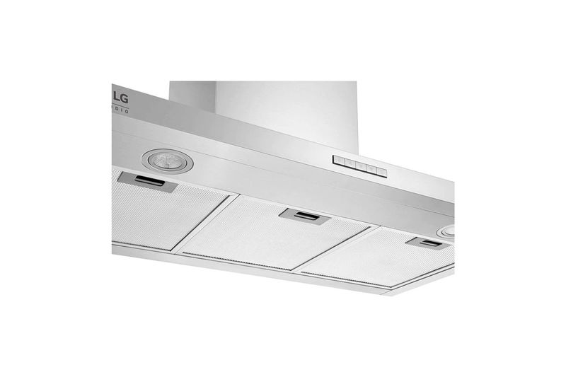 Campana para cocina acero inoxidable con iluminación LED LG, vista inferior en ángulo con filtros y botones frontales