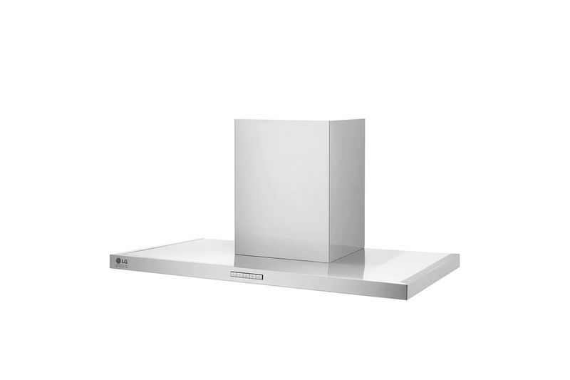 Campana para cocina acero inoxidable con iluminación LED LG, vista frontal angular sobre fondo blanco