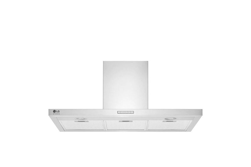 Campana para cocina acero inoxidable con iluminación LED LG, vista frontal inferior mostrando los filtros y luces LED