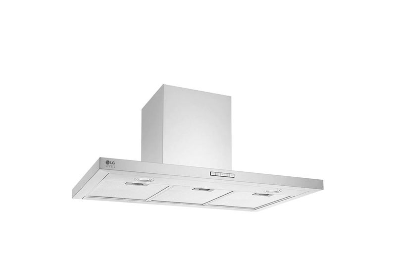 Campana para cocina acero inoxidable con iluminación LED LG, vista inferior en ángulo mostrando los filtros y botones