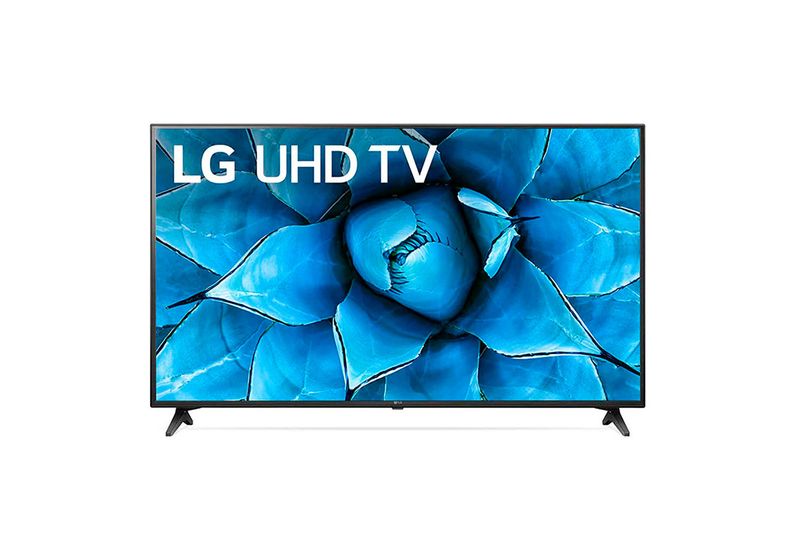 TV LED 60" Smart UHD 4K ThinQ AI WebOS 5.0 LG, pantalla encendida con fondo azul y texto LG UHD TV
