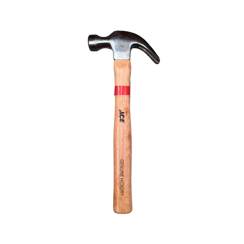 Martillo curvo Ace de 16 onzas con mango de madera, vista frontal con detalle de cinta roja y logo en el mango
