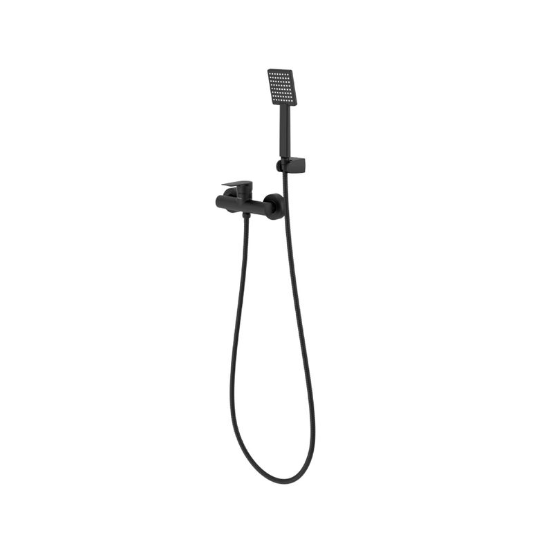 Ducha y llave una manija negro Sena Pfister, conjunto completo visto de frente sobre fondo blanco