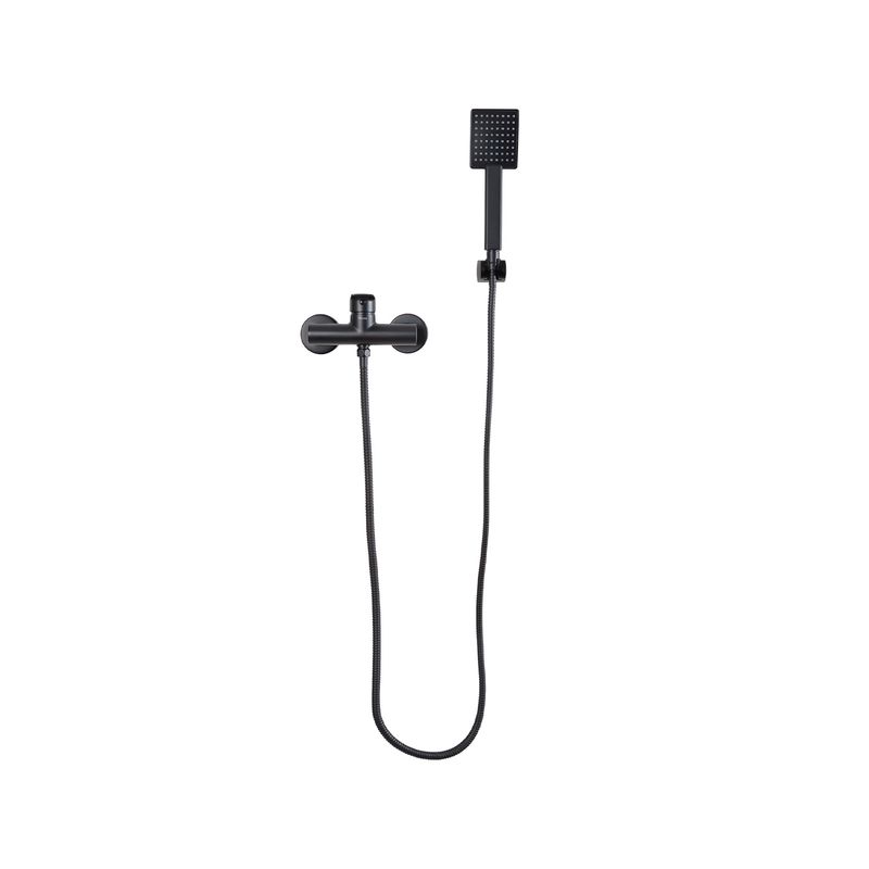 Ducha y llave una manija negro Sena Pfister, vista frontal del set completo con regadera cuadrada y manguera flexible