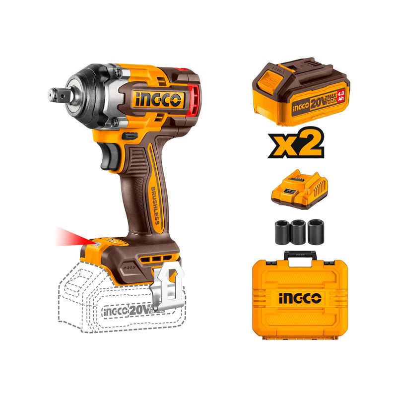 Llave de impacto inalámbrica 1/2 pulgada, 500 Nm, 20 V Ingco, con dos baterías, cargador, dados y maletín amarillo