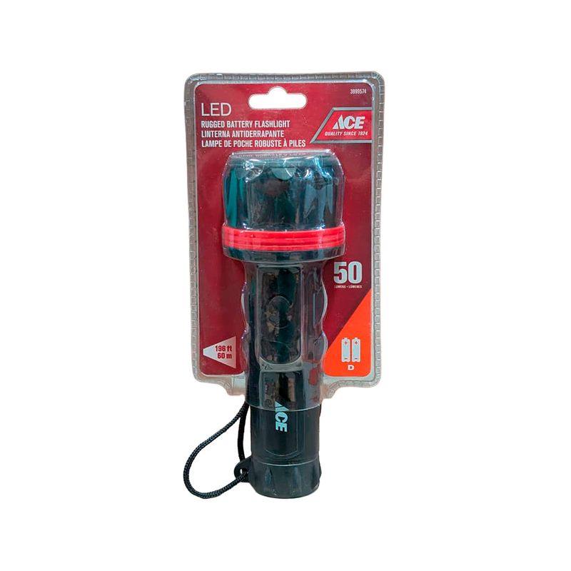 Linterna de mano plástica 50 lúmenes 2D Ace, vista frontal dentro de su empaque plástico con detalles en rojo