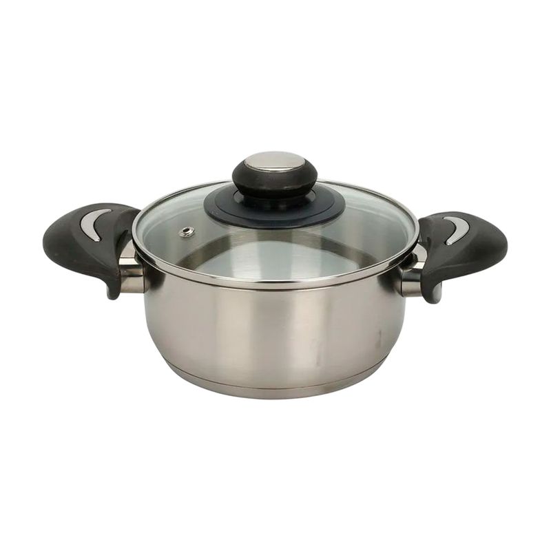 Olla de acero inoxidable 160 x 95 mm Koopman, vista frontal con tapa de vidrio y asas negras