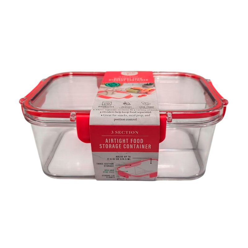Contenedor para almacenamiento 3 divisiones 37 onzas Sinsa, envase transparente con tapa roja y etiqueta frontal