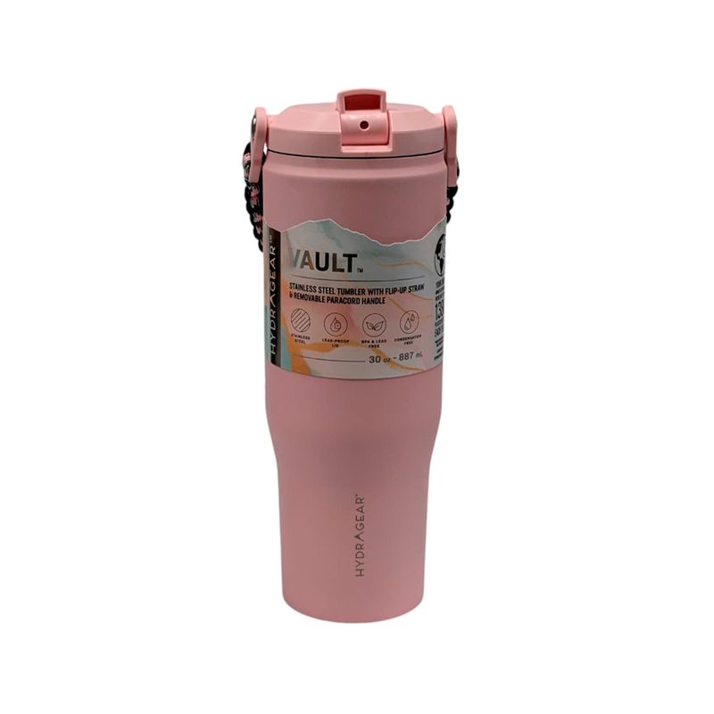 Vaso térmico 30 oz Vault Hydragear, color rosa con asa de paracord negra y etiqueta descriptiva en el cuerpo