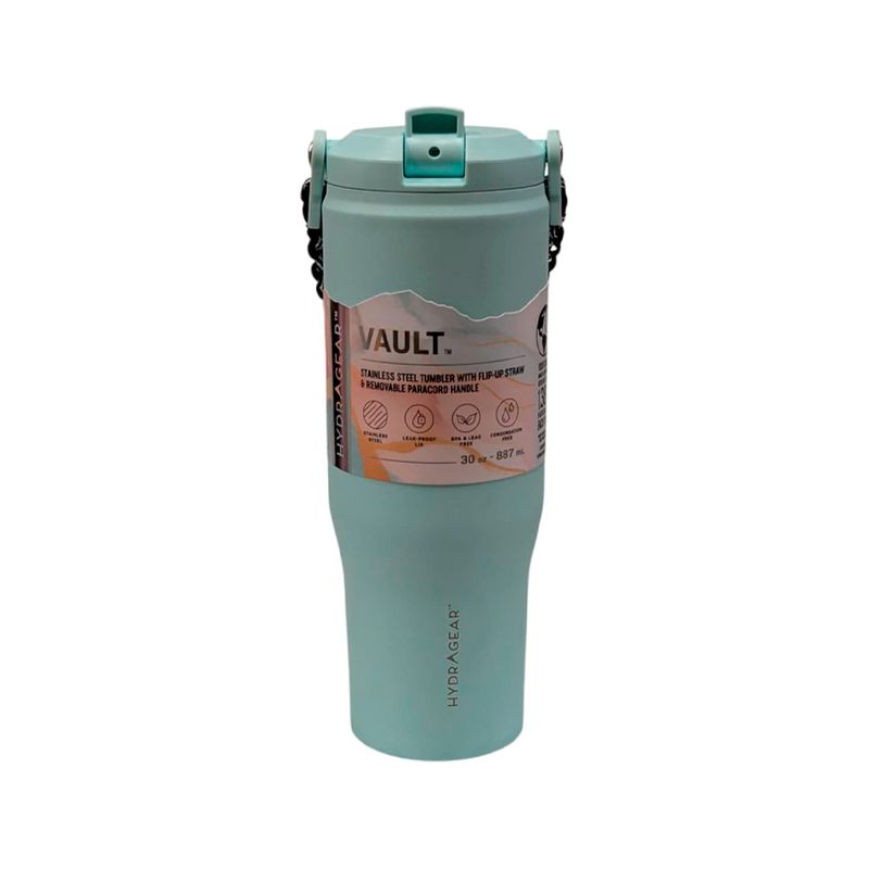 Vaso térmico 30 oz Vault Hydragear, vista frontal del producto en color verde menta con etiqueta informativa