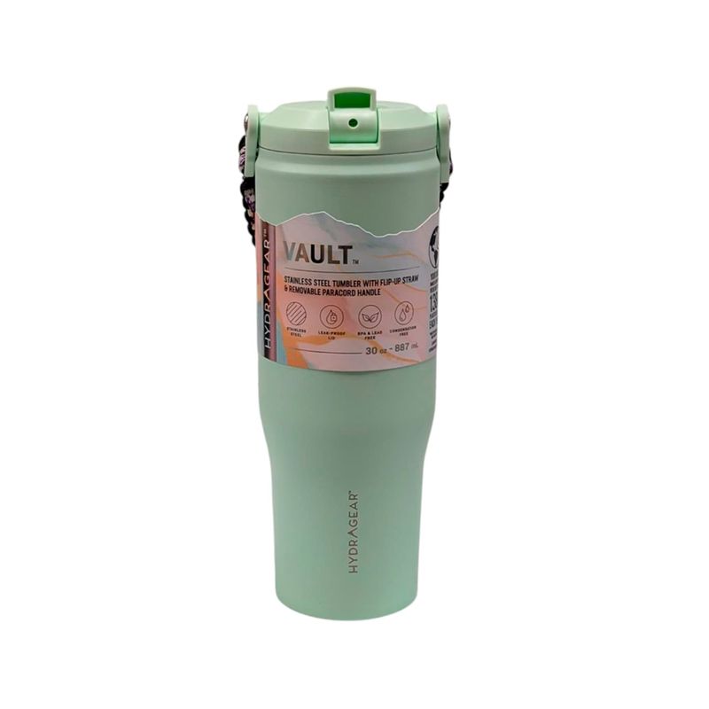 Vaso térmico 30 onzas Vault Sut Hydragear, color verde menta con etiqueta informativa y asa de paracord negra