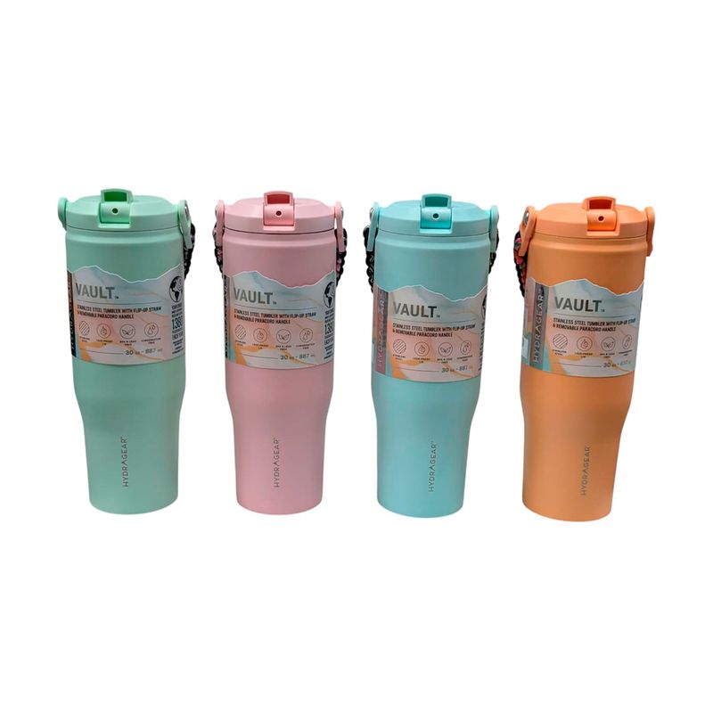 Vaso térmico 30 oz Vault Sut Hydragear, cuatro unidades en colores verde, rosa, celeste y naranja con tapa y asa
