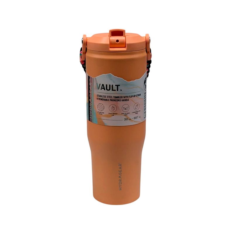 Vaso térmico 30 oz Vault Sut Hydragear, vista frontal del recipiente color naranja con etiqueta informativa blanca