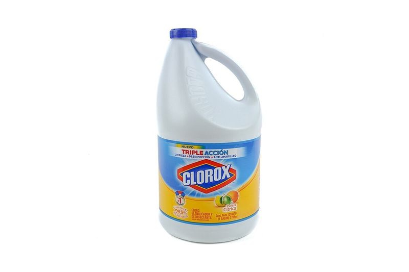 Cloro blanqueador pureza cítrica galón Clorox, botella blanca con tapa azul y etiqueta frontal detallada