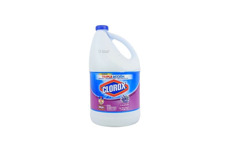 Cloro blanqueador lavanda galón Clorox, envase plástico blanco con tapa y etiqueta morada, vista frontal