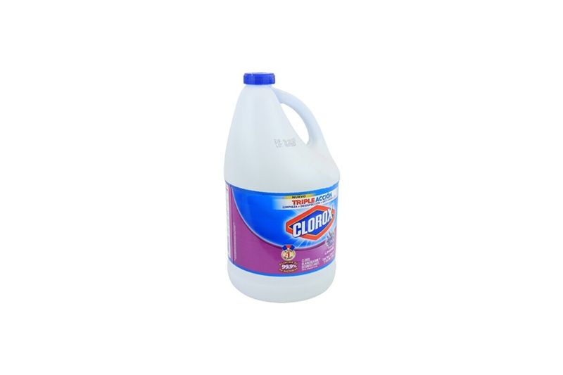 Cloro blanqueador lavanda galón Clorox, botella plástica blanca con etiqueta morada y tapa azul
