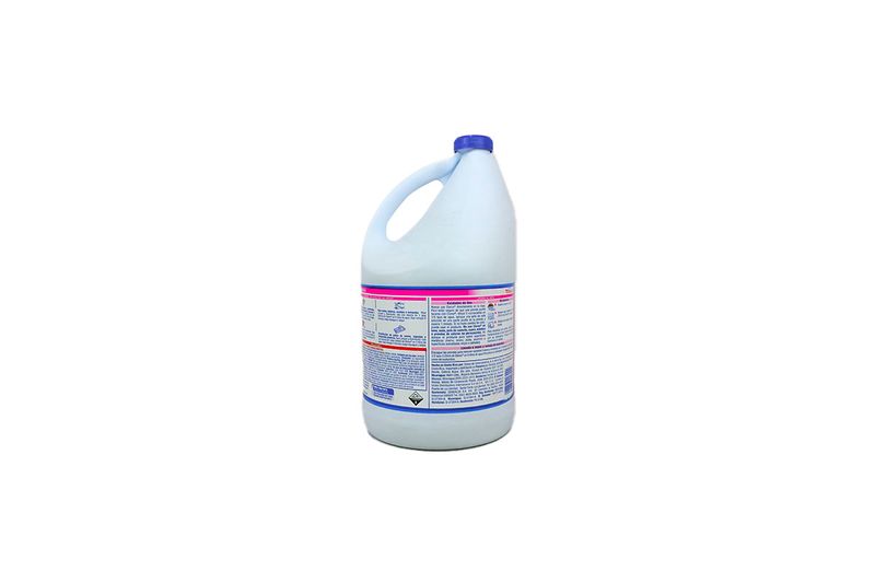 Cloro blanqueador floral galón Clorox, vista trasera de la botella blanca con etiqueta de instrucciones y tapa azul