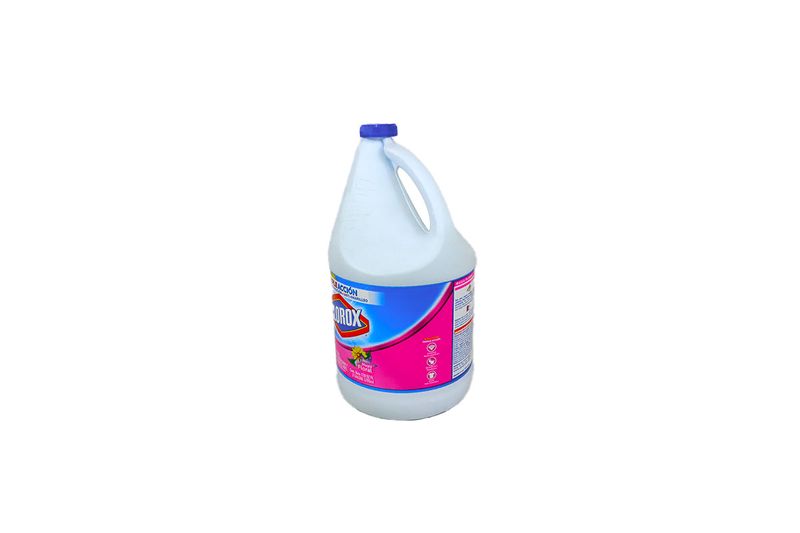 Cloro blanqueador floral galón Clorox, envase blanco con etiqueta rosa y tapa azul vista desde un ángulo lateral