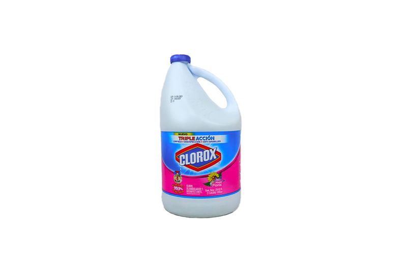 Cloro blanqueador floral galón Clorox, envase plástico blanco con tapa morada y etiqueta frontal colorida