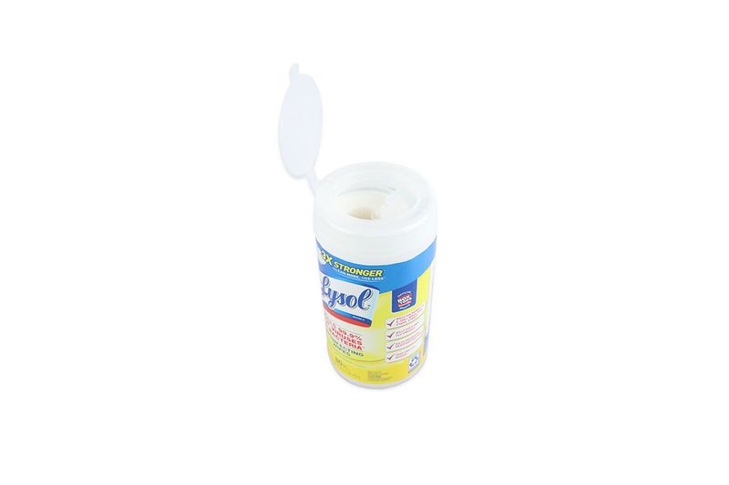 Toallas Lysol citrus de 80 unidades, envase cilíndrico blanco con tapa abierta mostrando las toallas húmedas