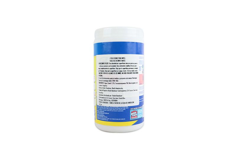 Toallas Lysol Citrus de 80 unidades Lysol, vista posterior del envase con instrucciones de uso y precauciones