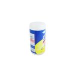 Toallas Lysol citrus 80 unidades Lysol, vista posterior del envase cilíndrico blanco con etiqueta azul y amarilla