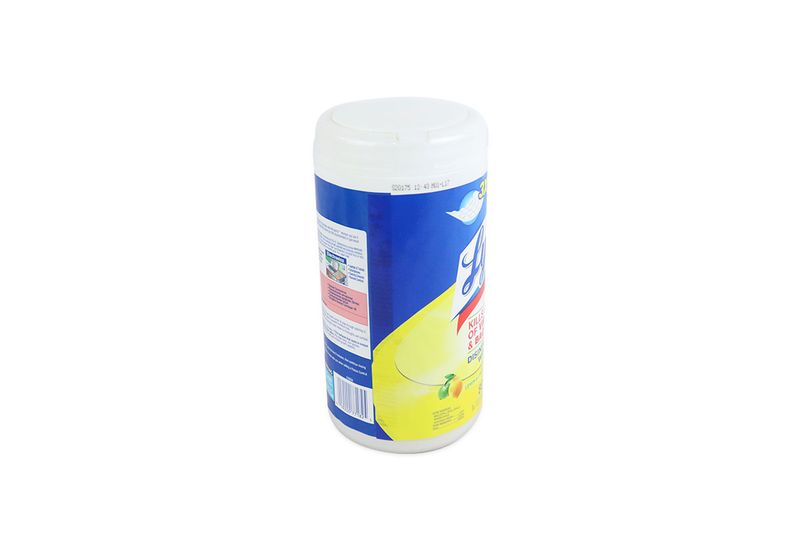 Toallas Lysol citrus 80 unidades Lysol, vista posterior del envase cilíndrico blanco con etiqueta azul y amarilla