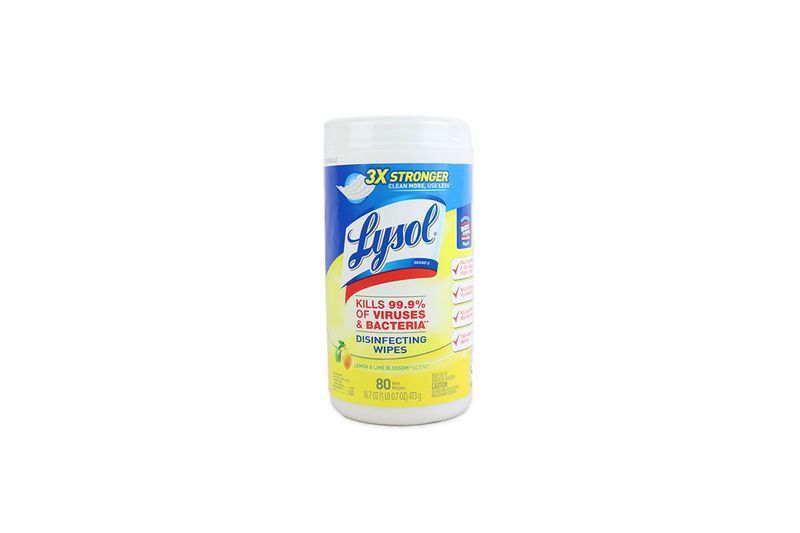 Toallas Lysol citrus de 80 unidades, envase cilíndrico blanco con etiqueta azul y amarilla sobre fondo blanco