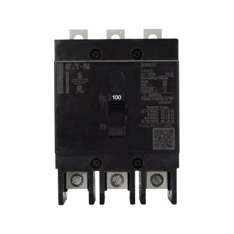 Breaker atornillable 3P GHB CH 480V 20 amp Eaton, vista frontal del dispositivo eléctrico en color negro