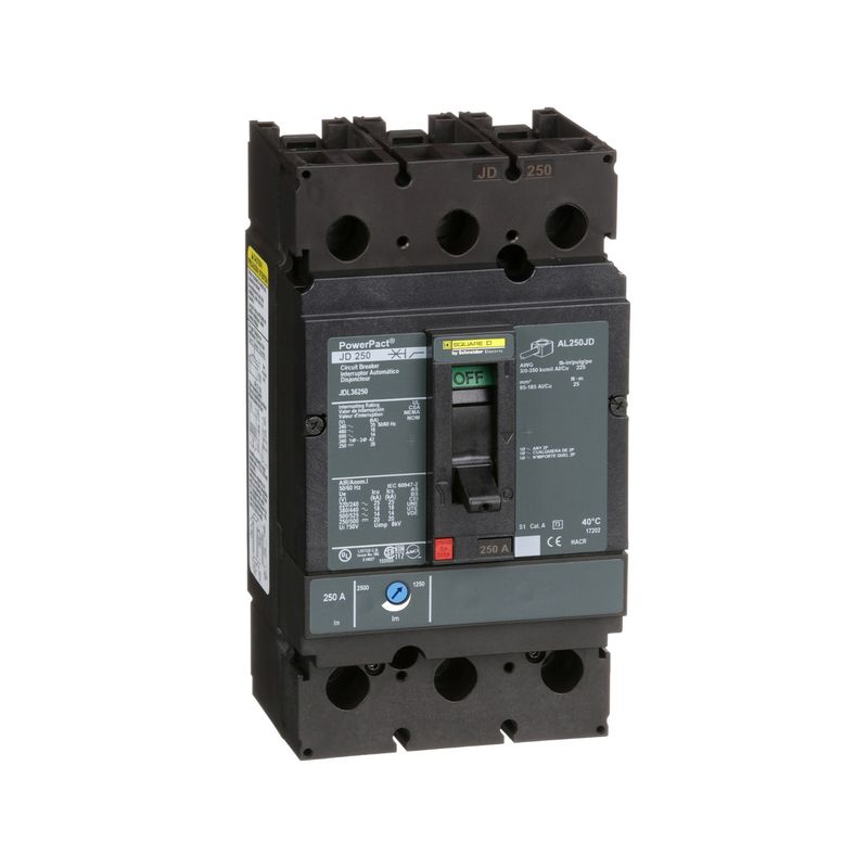 Main breaker 3x250 amp 18 kA 480/277 V marco JDL Square D, vista frontal del interruptor eléctrico en color negro