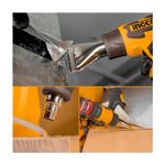 Pistola de calor 5 A 20 V 30-300 ℃/30-550 °C grados Ingco, collage de tres imágenes mostrando el equipo en uso con boquillas