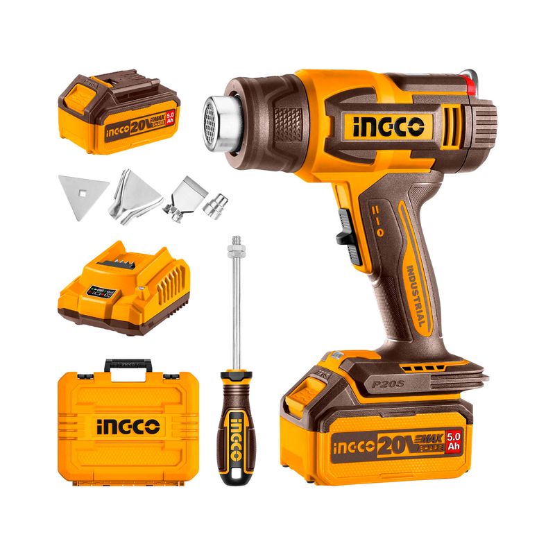 Pistola de calor 5 A 20 V 30-300 ℃/30-550 °C grados Ingco, kit con batería, cargador, maletín y boquillas metálicas