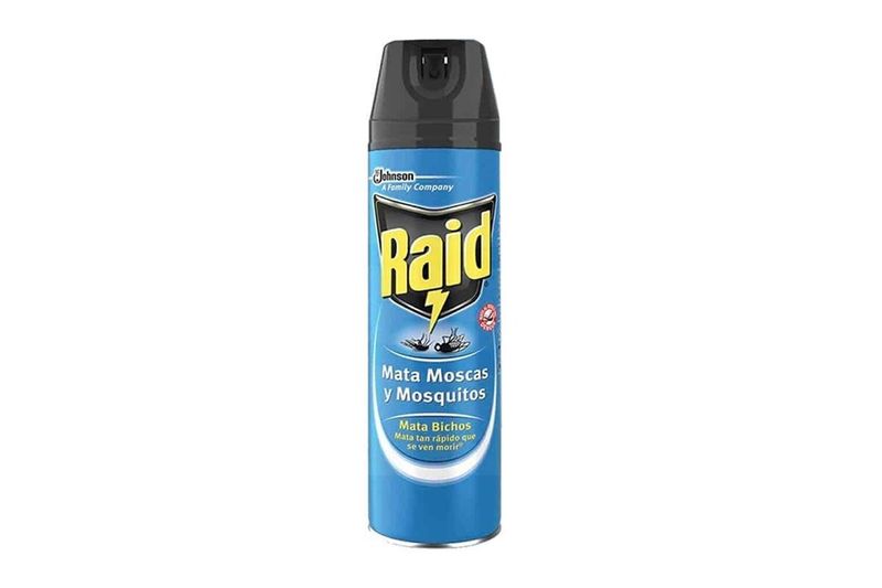 Insecticida mata moscas y mosquitos 400 ml Raid, envase cilíndrico azul con tapa negra y etiqueta frontal