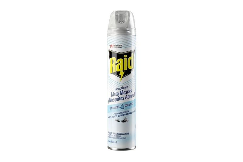 Insecticida mata moscas y mosquitos 400 ml Raid, vista frontal del envase aerosol blanco con etiqueta azul y amarilla