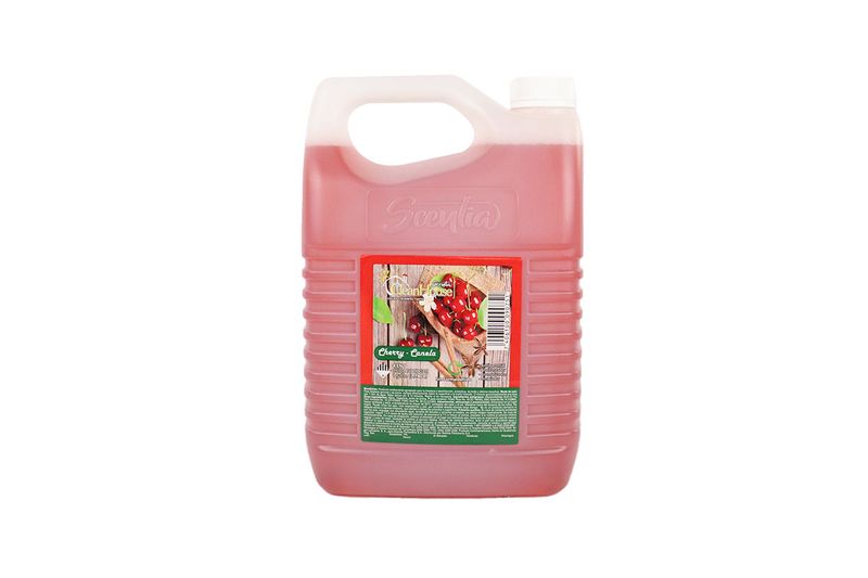 Desinfectante y aromatizante multipropósito Cherry Canela Scentia de 1 galón, envase plástico con líquido rosado y etiqueta
