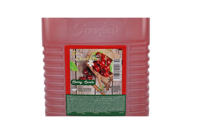 Desinfectante y aromatizante multipropósito cherry canela de 1 galón Scentia, vista posterior de la etiqueta con