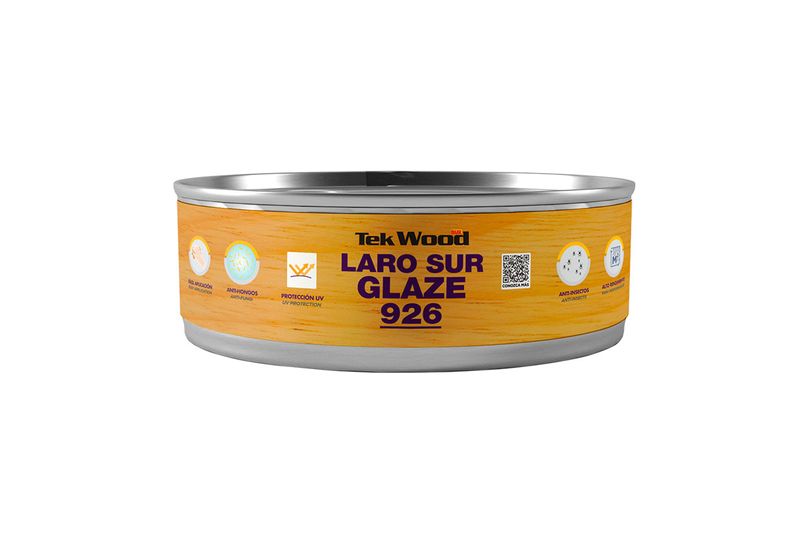 Barniz para madera Laro Sur Glaze 926 teca oscuro Sur, envase metálico circular con etiqueta amarilla y madera