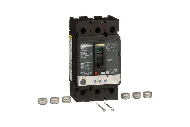 Main breaker 3x250 amp 18 kA 480 V Square D, vista frontal con tornillos y tuercas metálicas en la base