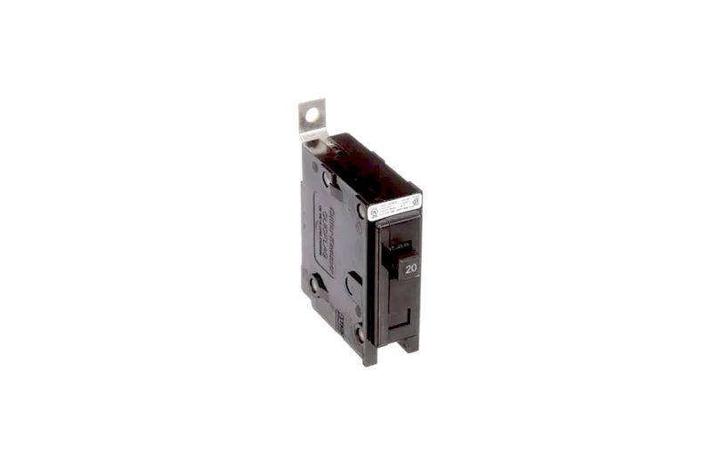 Breaker atornillable 1P BAB CH 120-240V 20 amp Eaton, vista lateral del interruptor negro con terminal metálica superior
