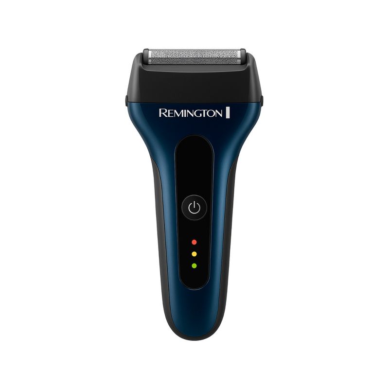 Afeitadora manual inalámbrica Remington, vista frontal del dispositivo en color azul con botón de encendido y luces LED