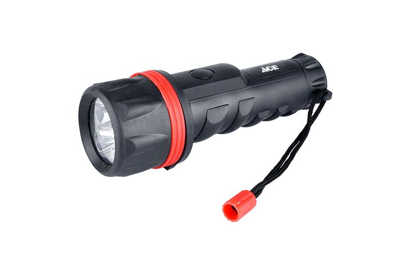 Set de linternas de mano 25 lm AA/D 4 pzs plástico Ace, detalle de una linterna negra con anillo y correa rojas