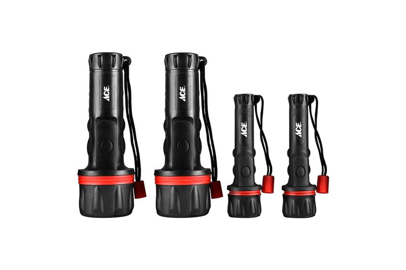 Set de linternas de mano 25 lm AA/D 4 piezas plástico Ace, cuatro unidades negras con detalles en rojo y correas