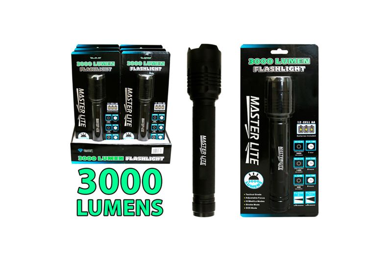 Linterna de mano 3000 lumen Master Lite, conjunto con empaque individual, caja de exhibición y unidad fuera de caja
