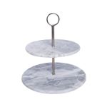 Bandeja redonda de mármol 2 niveles 25+20 cm gris y blanco Kennedy Home, vista frontal con soporte metálico y asa circular