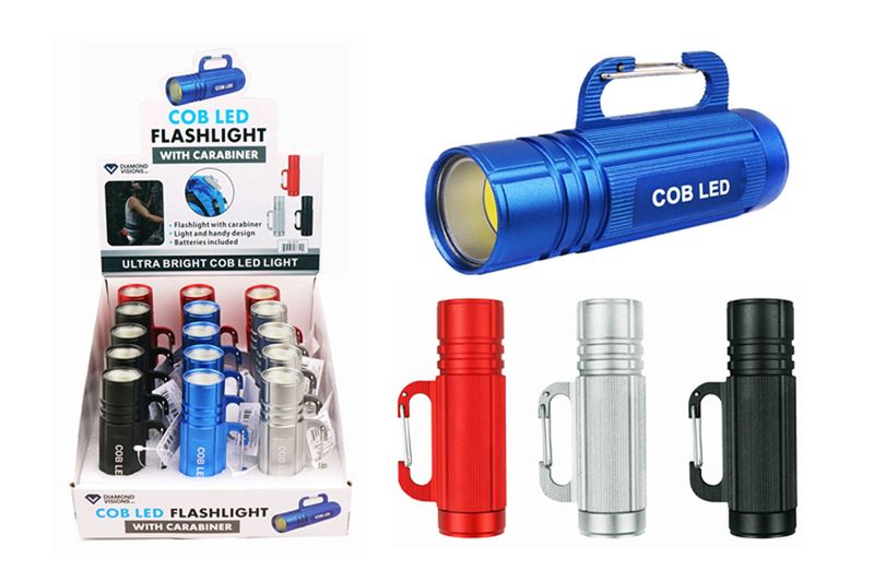 Linterna COB LED mini con clip Diamond Visions, conjunto de linternas en colores azul, rojo, plata y negro con empaque
