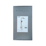 Columna de ducha con barra dorado mate Wave Finezza, empaque en caja gris con imagen del producto y especificaciones