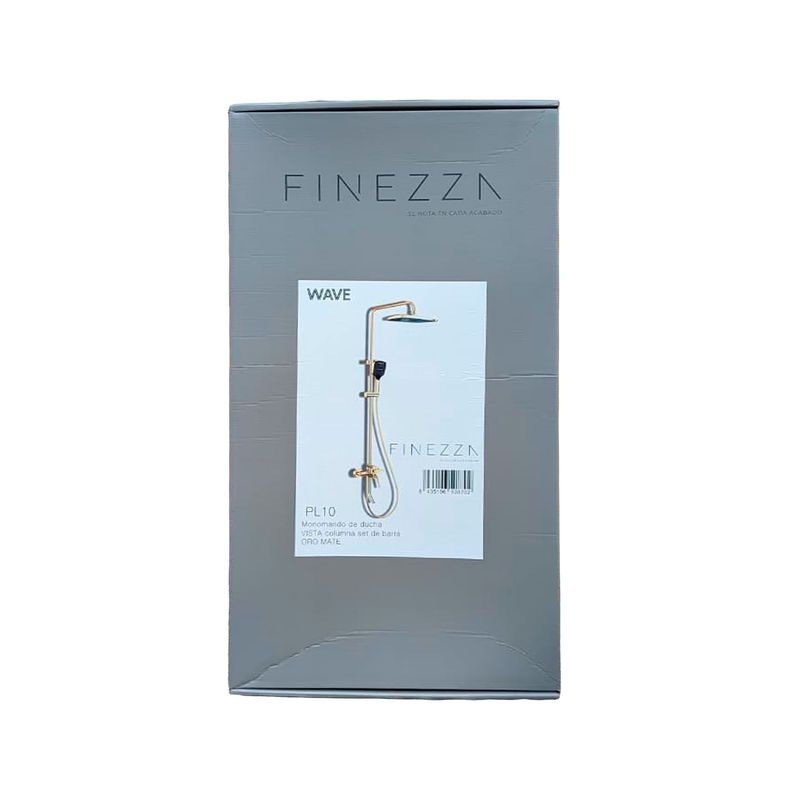 Columna de ducha con barra dorado mate Wave Finezza, empaque en caja gris con imagen del producto y especificaciones