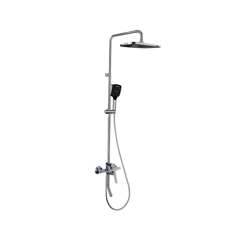 Columna de ducha con barra cromo Wave Finezza Sinsa, vista frontal del equipo con regadera cuadrada y ducha de mano
