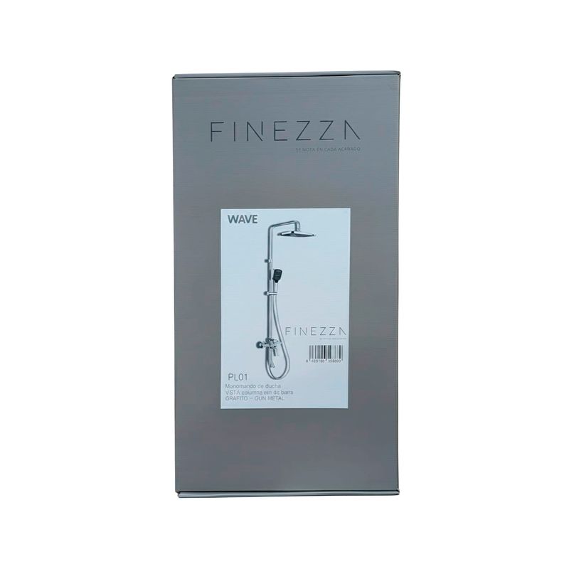Columna de ducha con barra cromo Wave Finezza Sinsa, empaque en caja gris con ilustración del producto y marca