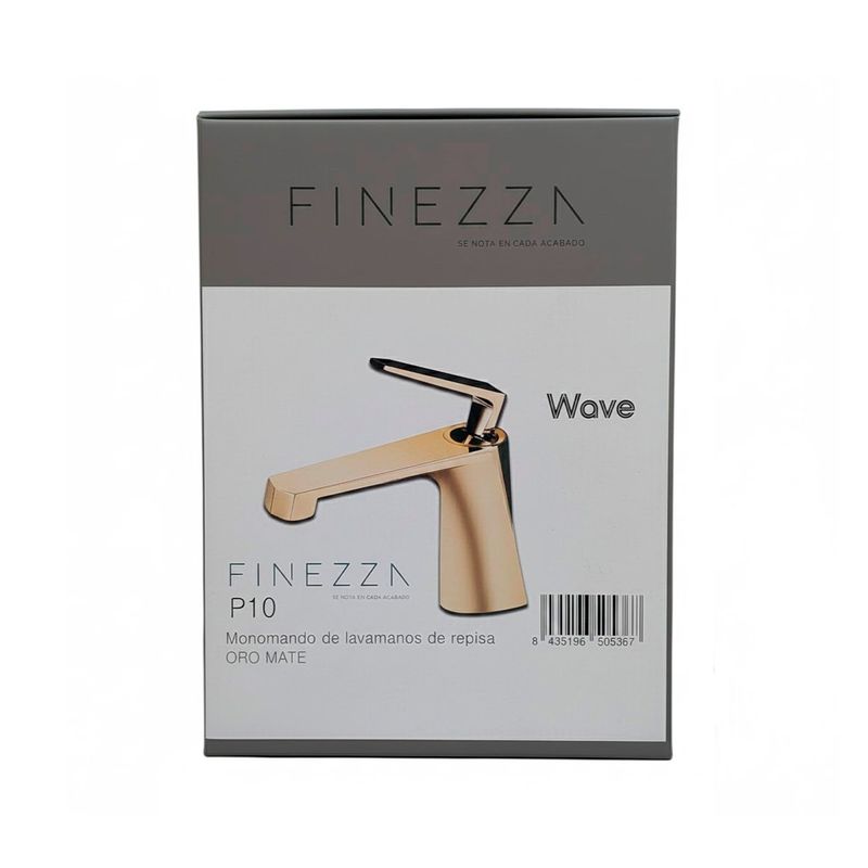 Llave lavamano monomando baja dorado mate P10 Wave Finezza Sinsa, empaque en caja gris con ilustración del producto